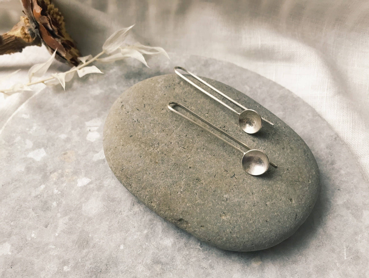 Tiny silver bowl drop earring