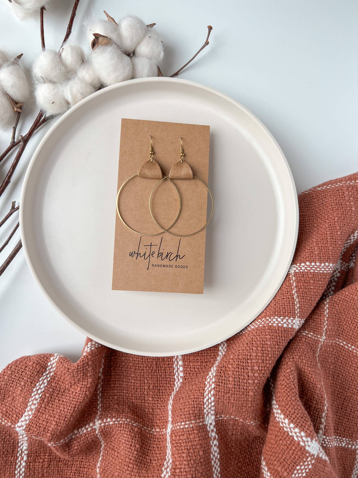 Distressed Leather & Brass Circle Earrings