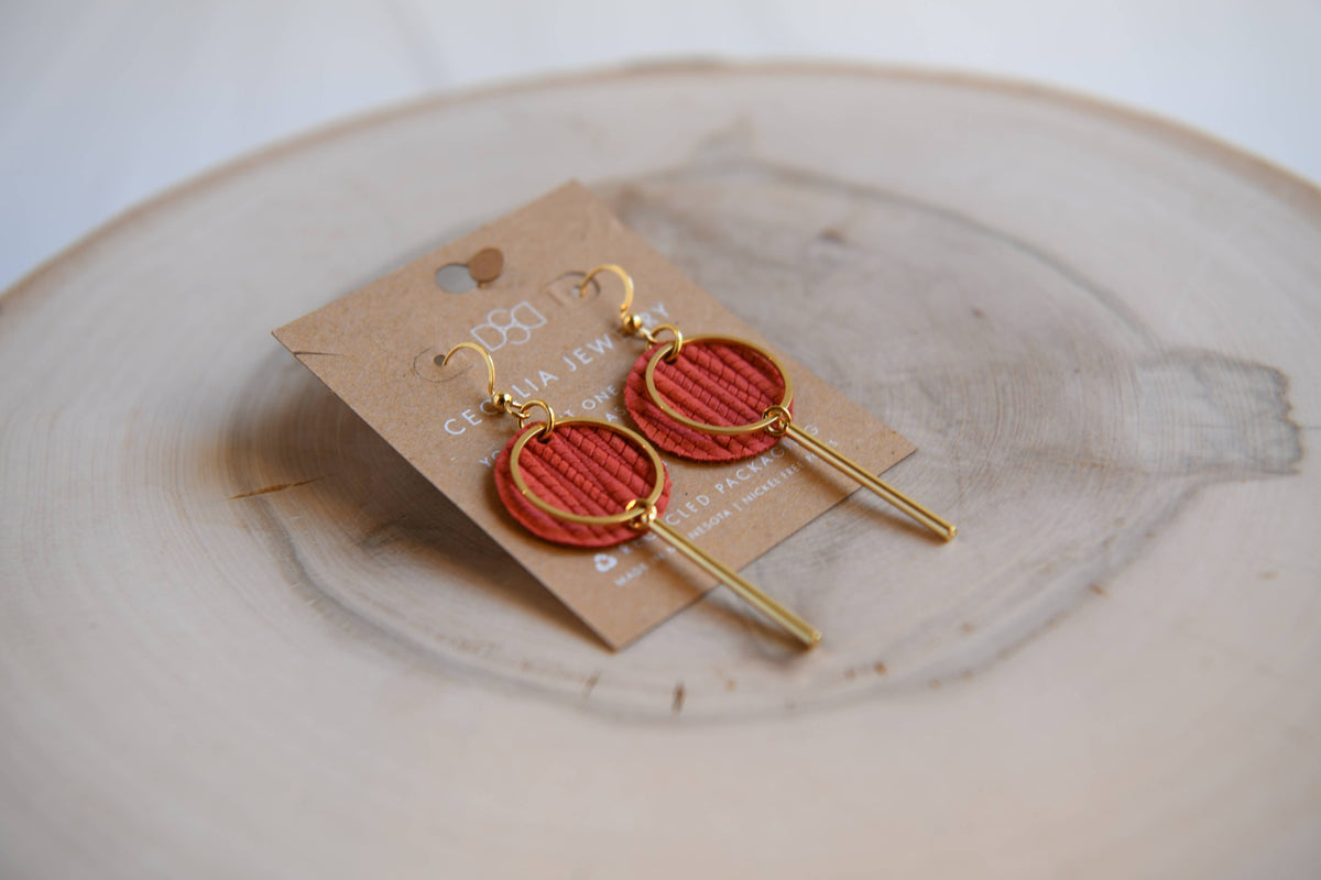 Round Bar Drop Leather Earrings