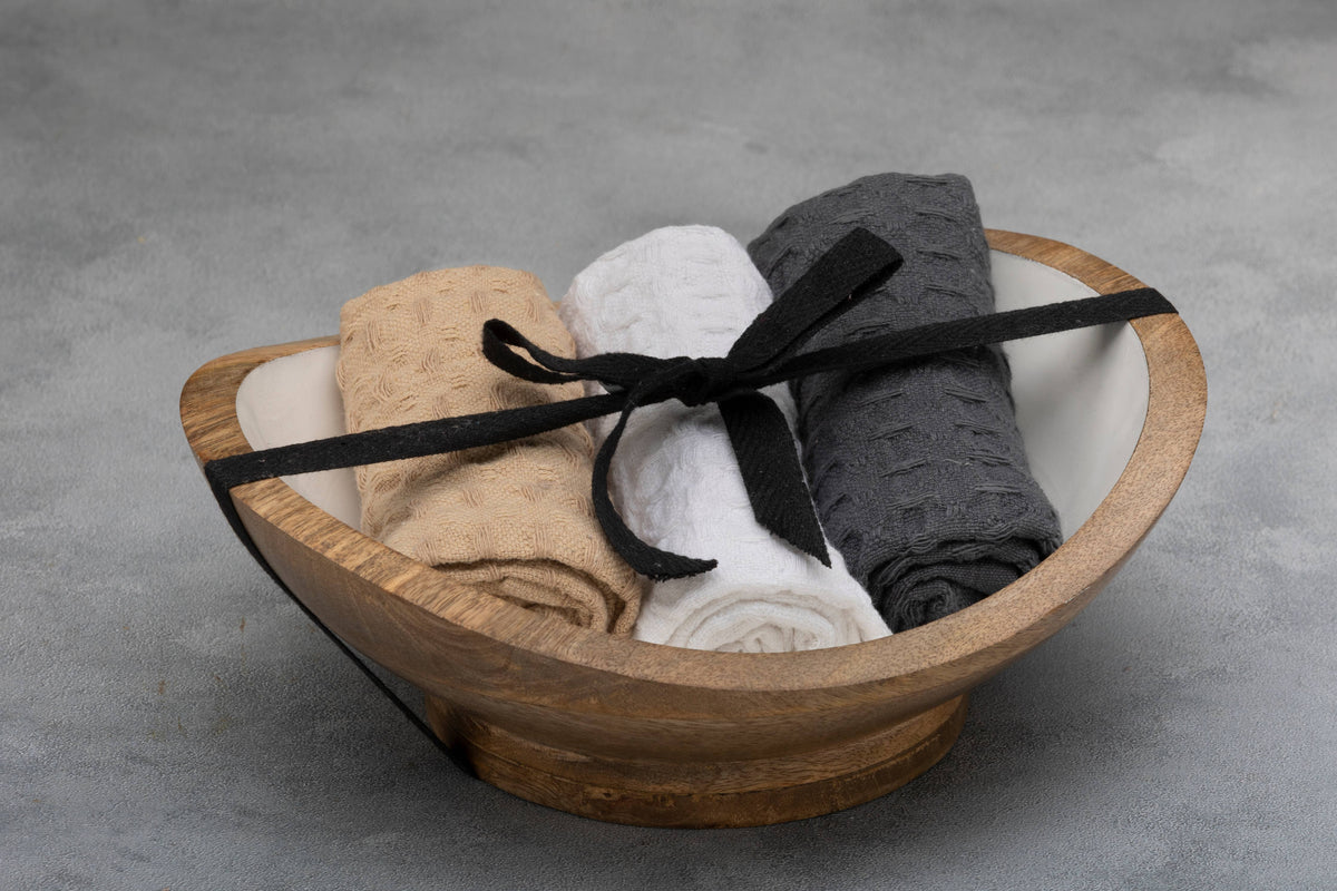 Mini Wooden Serving Bowl with 3 Dish Towels