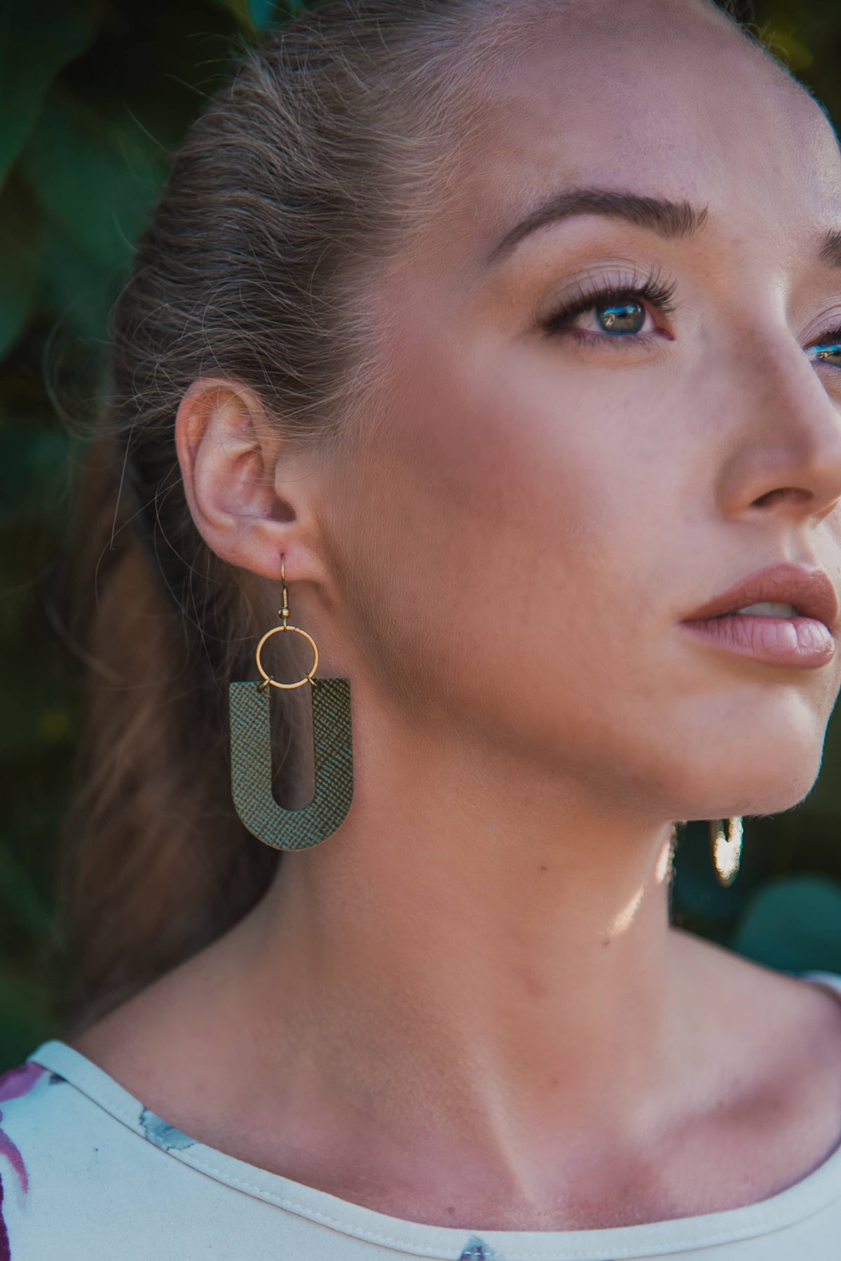 U-Shaped Leather & Brass Ring Earrings