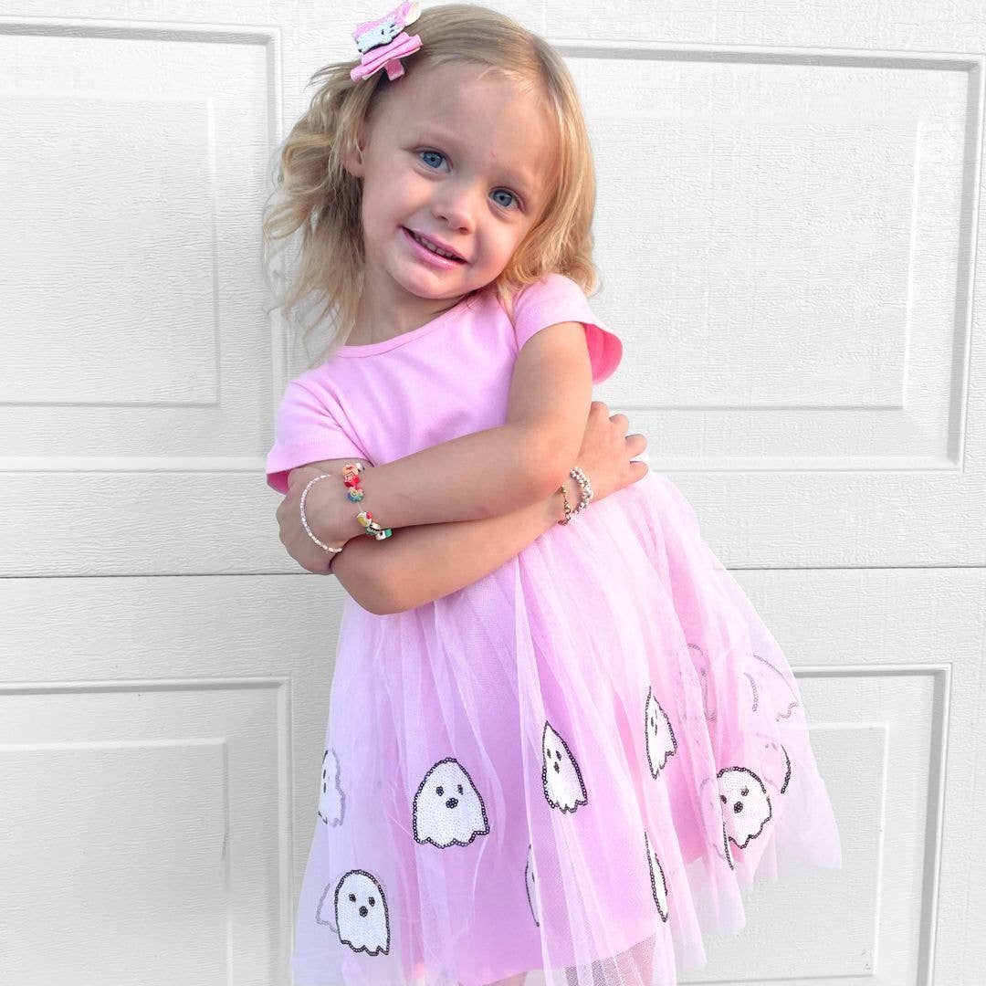 Kids Ghost Sequin Halloween Short Sleeve Tutu Dress