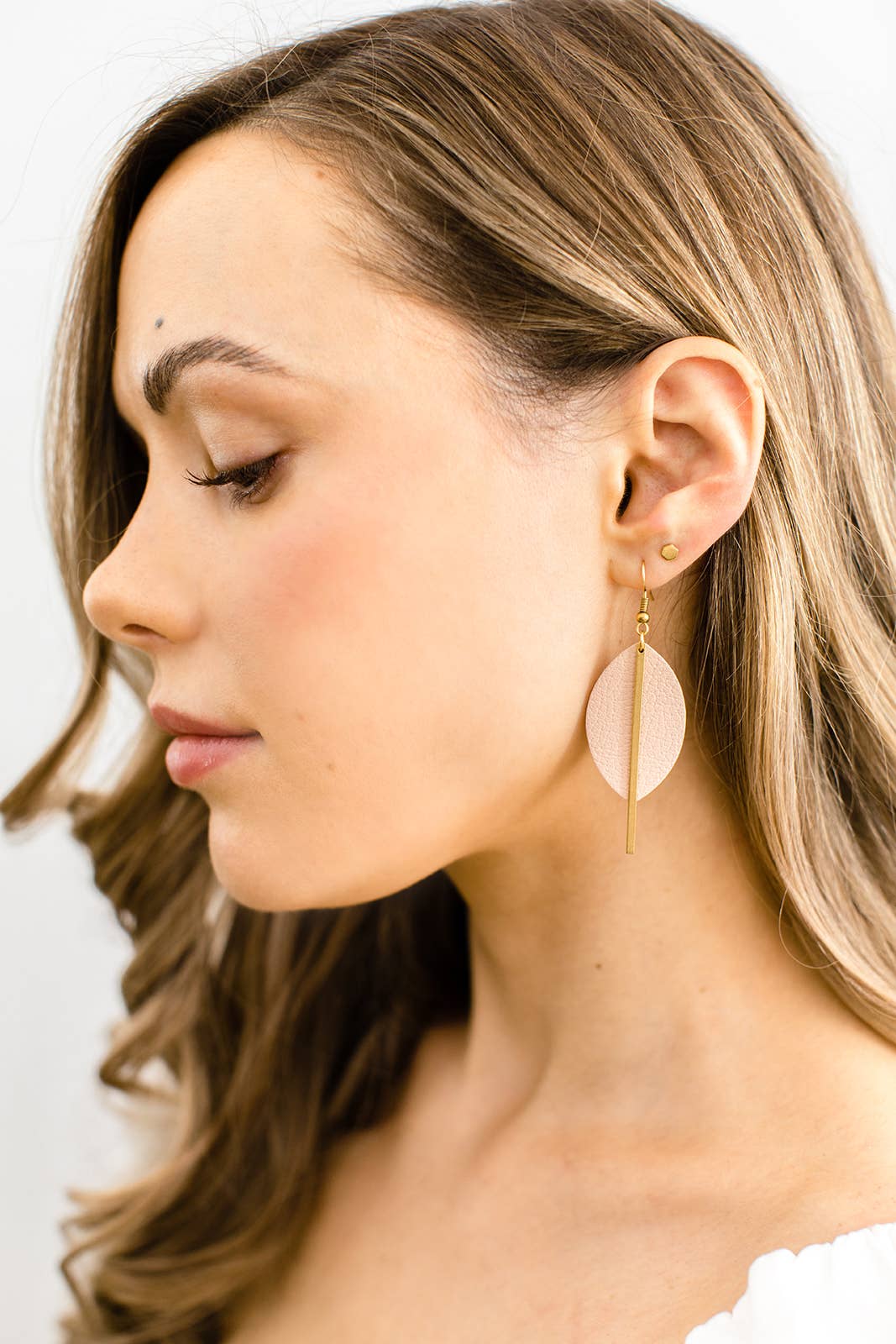 Blush Pink Petal Leather and Brass Bar Earrings