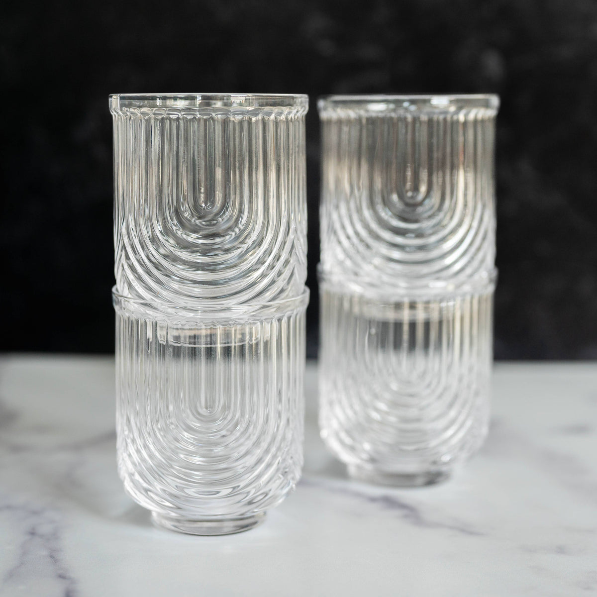 Art Deco Cocktail Glasses - Lowball Ribbed Wave Glasses (Set of 4)