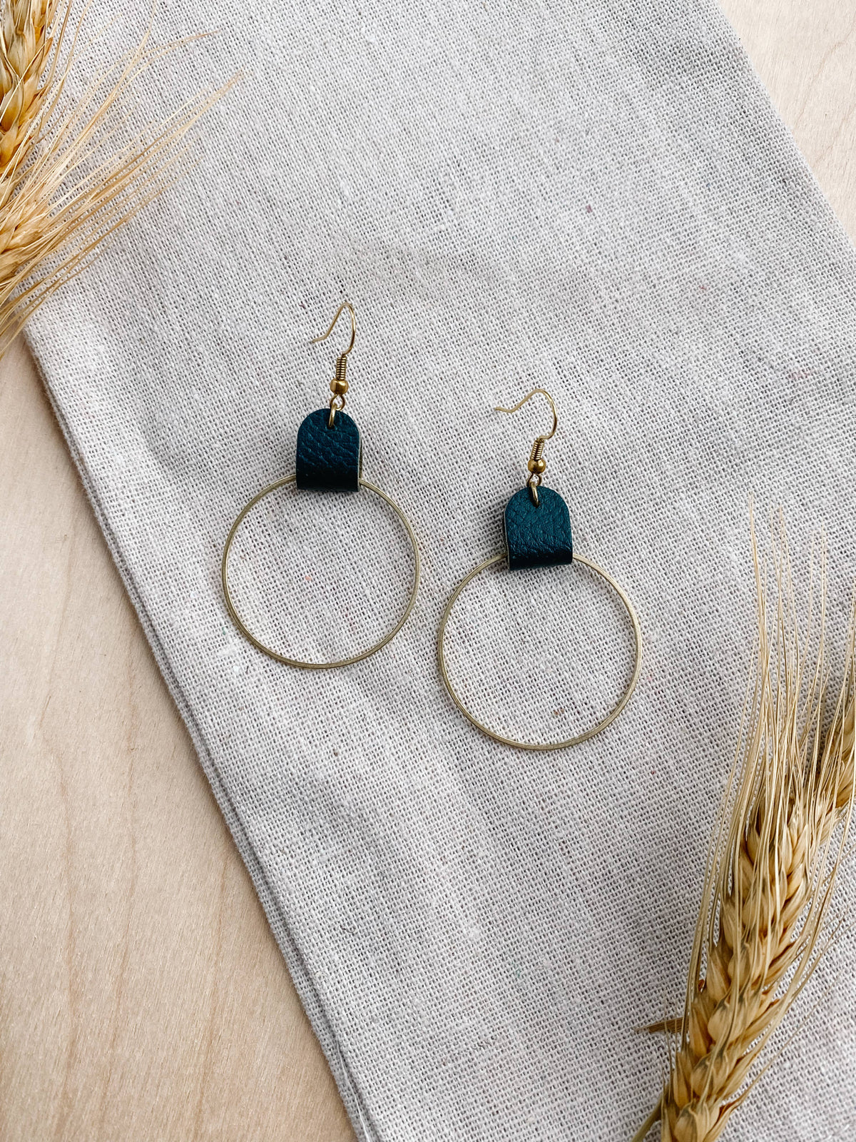 Dark Green Leather Oval & Brass Circle Earrings