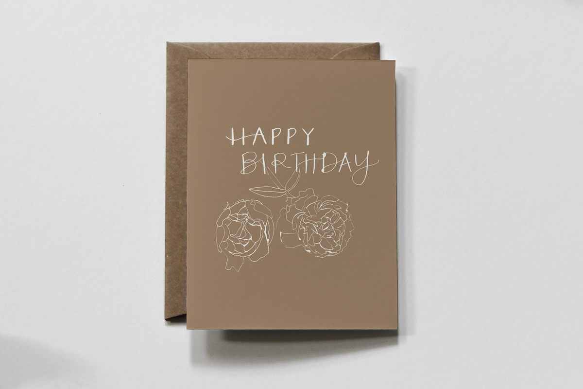 Waves | Floral Outline Happy Birthday Greeting Card