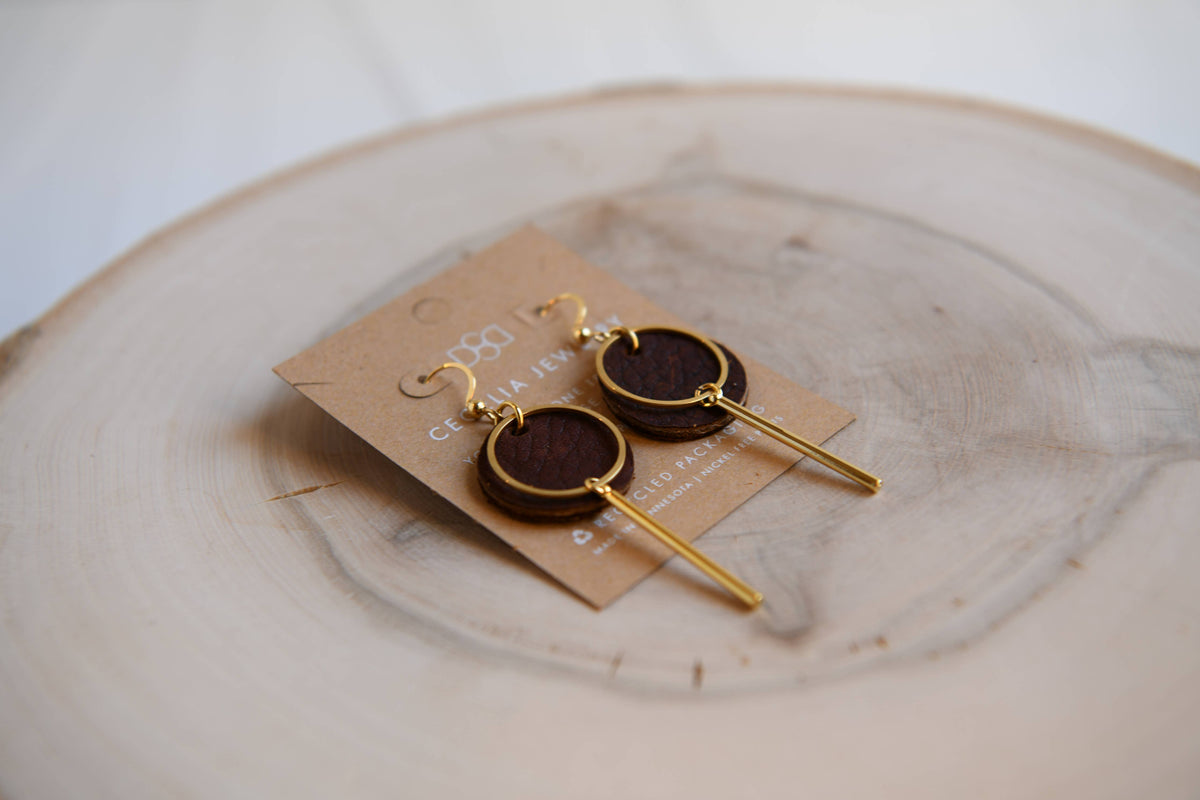 Round Bar Drop Leather Earrings