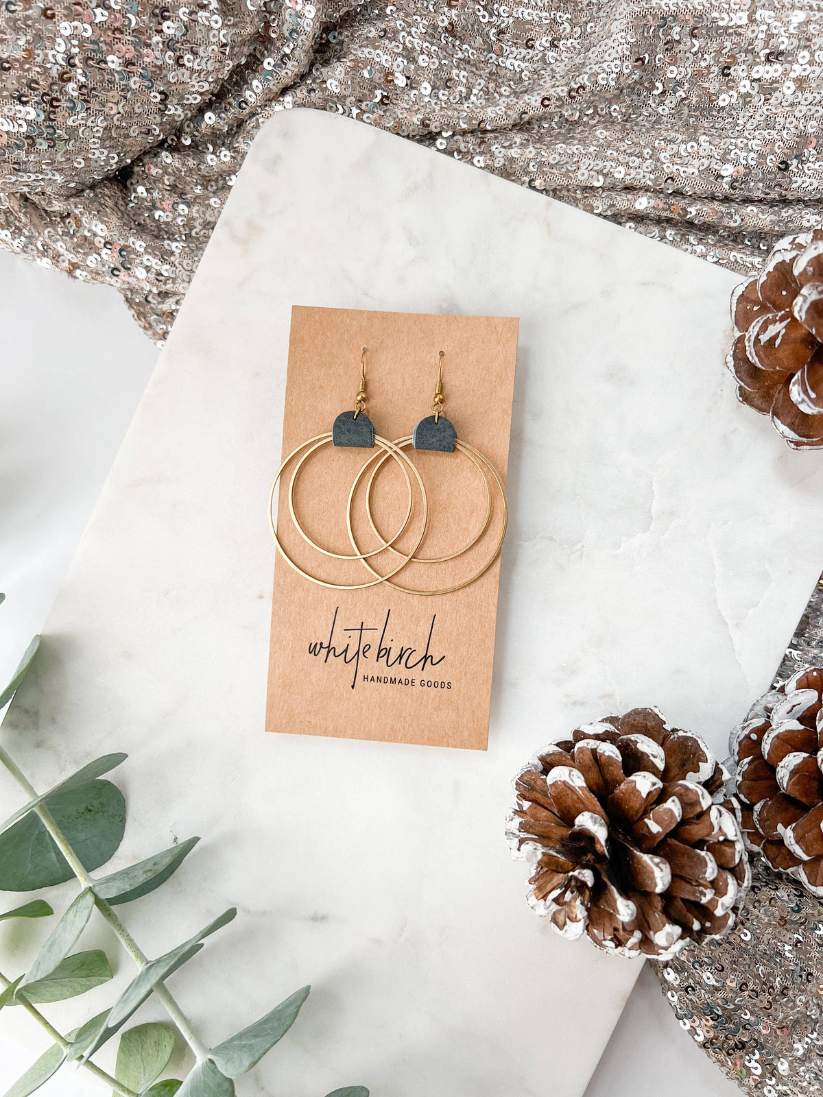 Denim Leather & Brass Circles Earrings