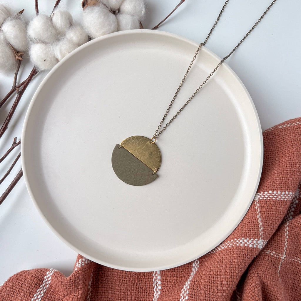 Army Green Leather & Brass Half Moon Stacked Necklace