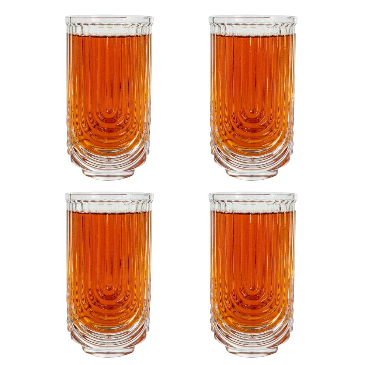 Art Deco Highball Ribbed Wave Glasses - Set of 4