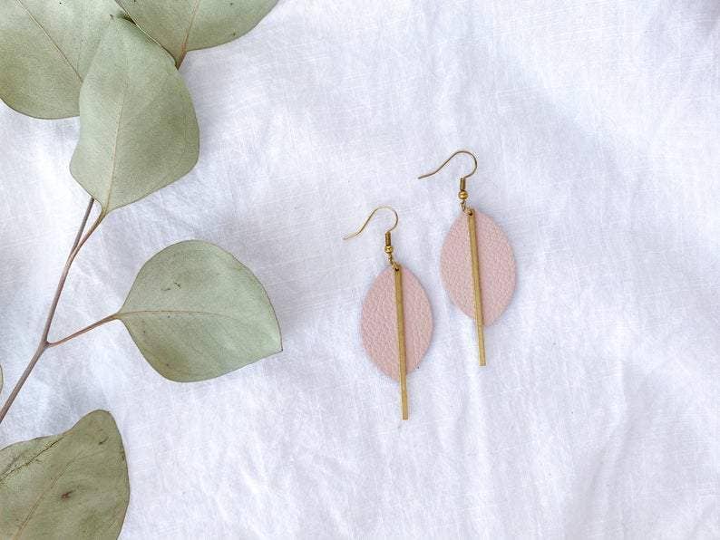 Blush Pink Petal Leather and Brass Bar Earrings