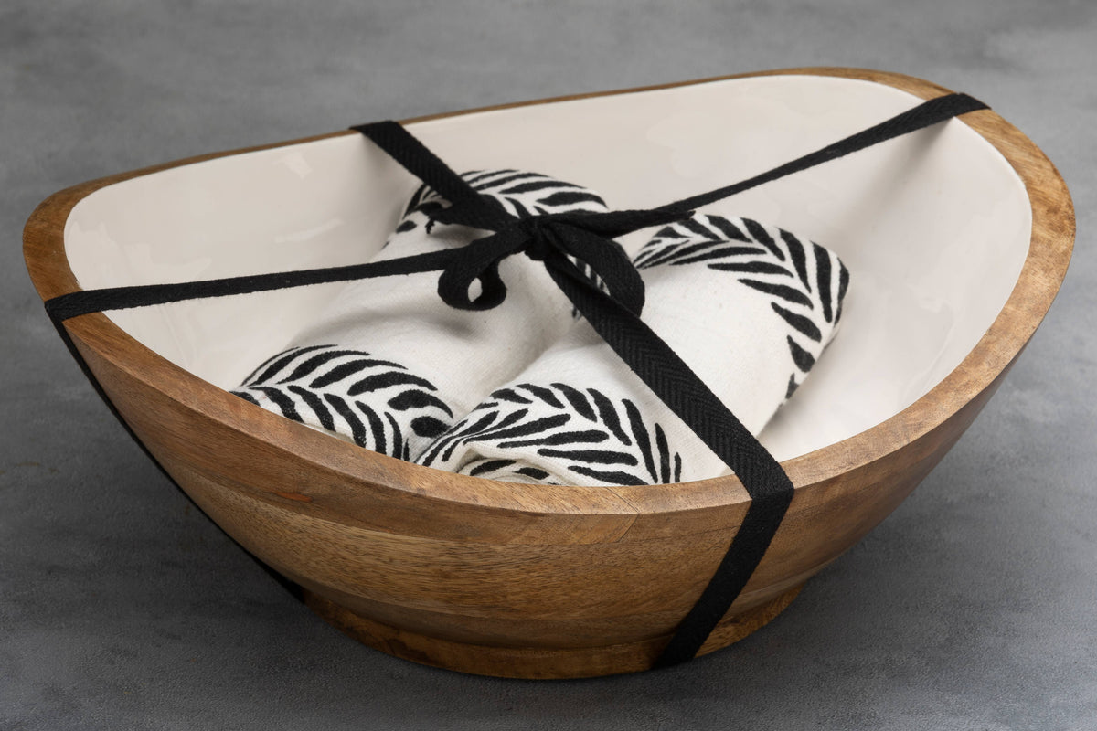 Wooden Serving Bowl with 2 Dish Towels