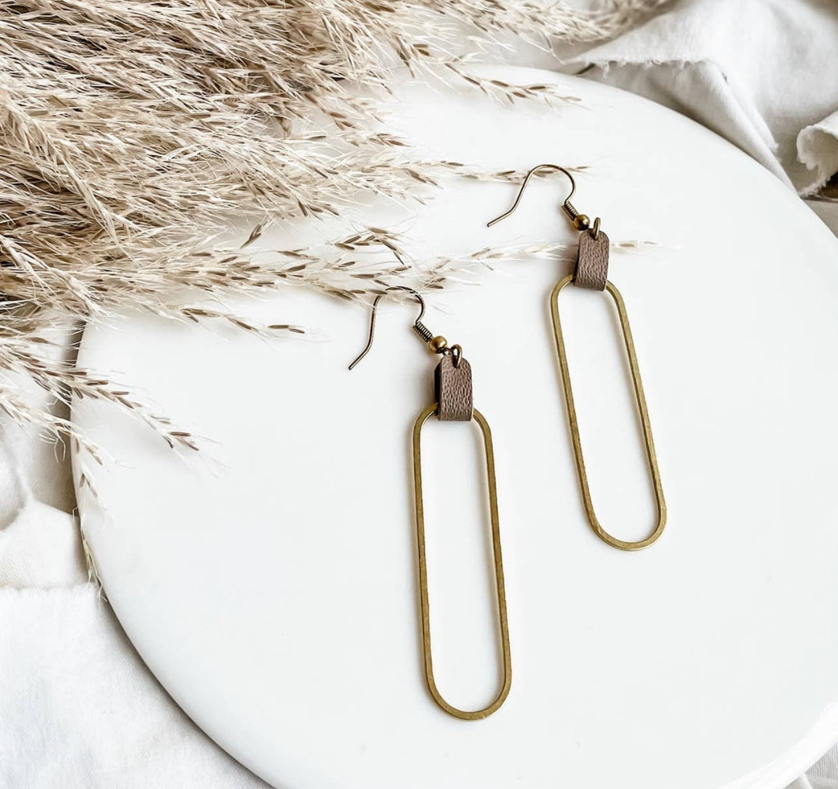 Leather & Brass Oval Accent Earrings