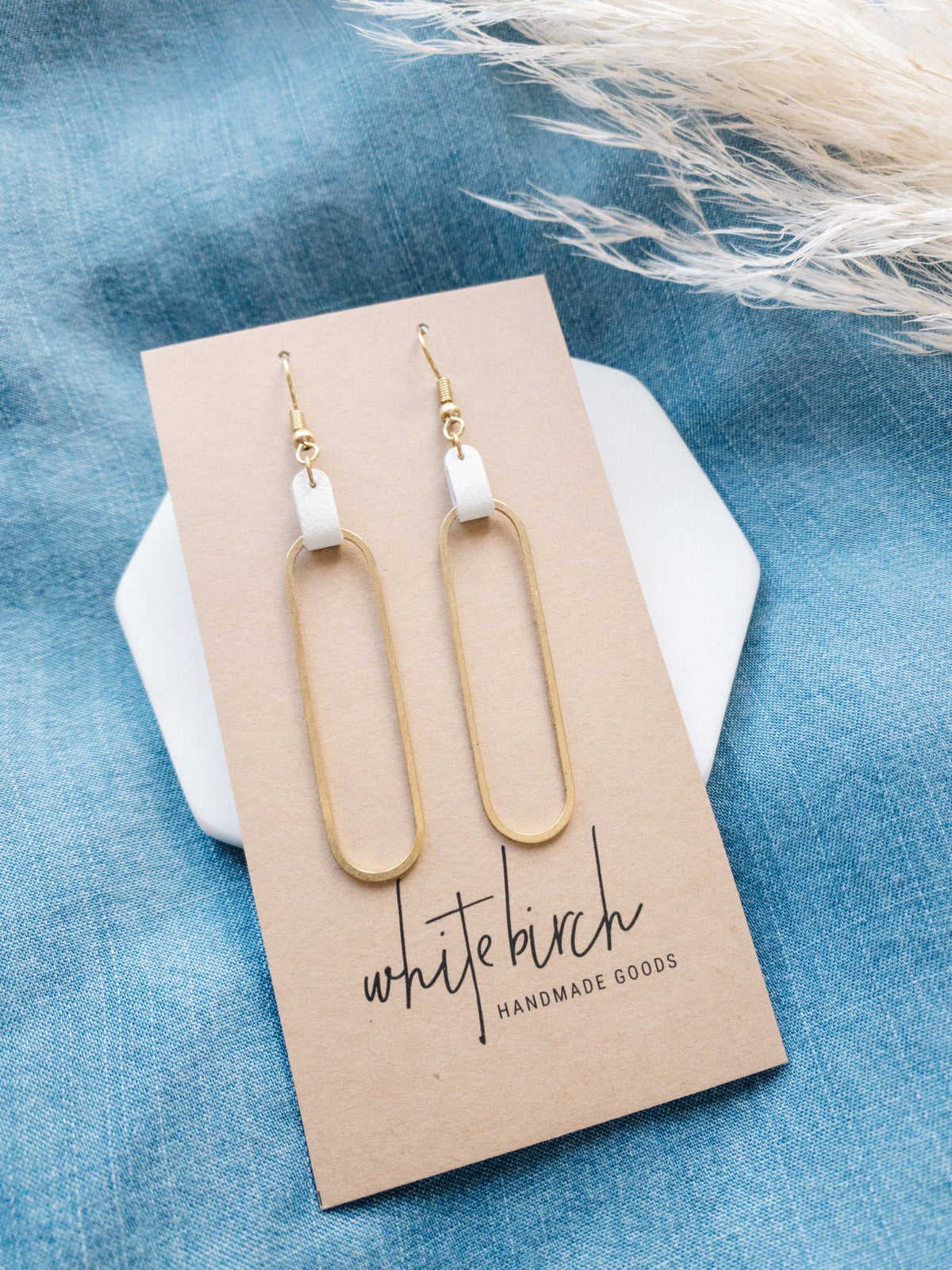 White Leather & Brass Oval Accent Earrings