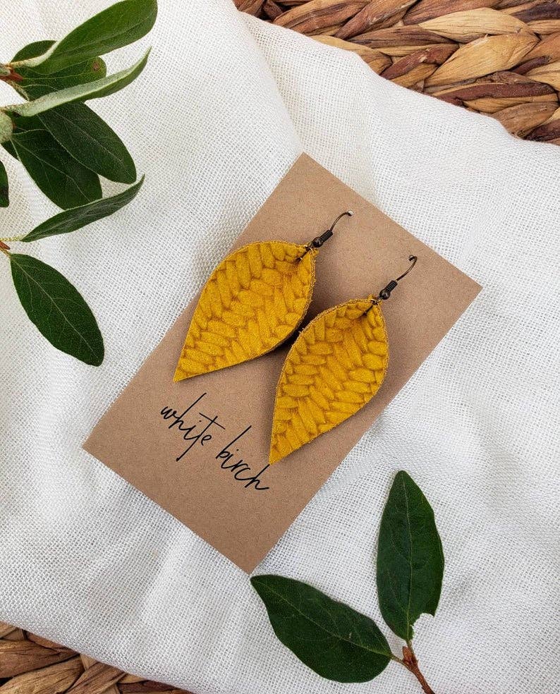 Goldenrod Yellow Braided Leather Leaf Earrings