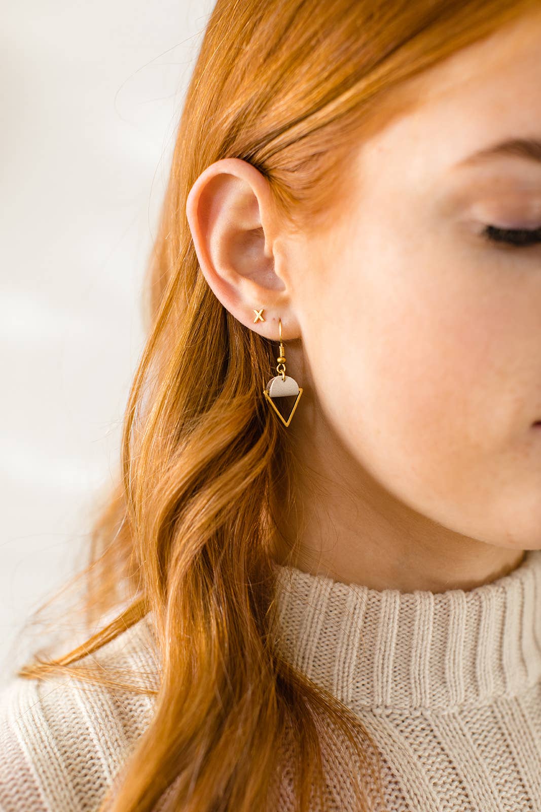 Cream Leather & Brass Triangle Earrings