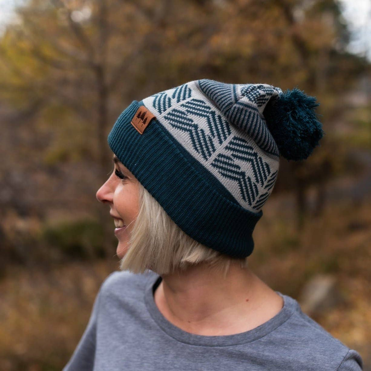 Geometric Pom Beanie - Dark Teal/Black