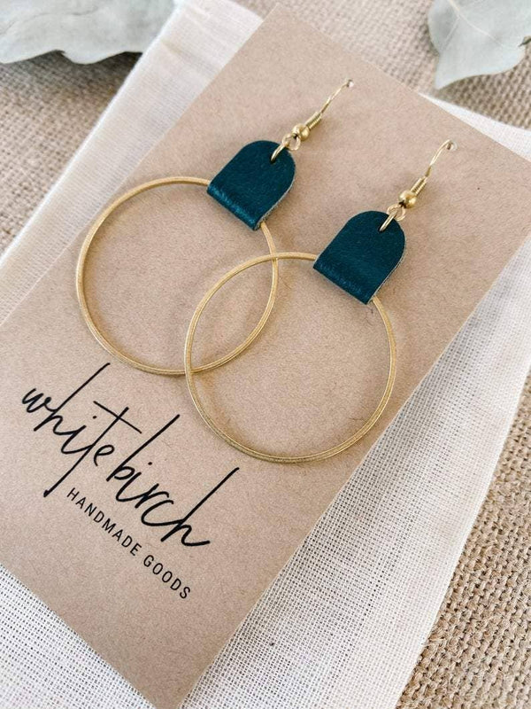 Dark Green Leather Oval & Brass Circle Earrings