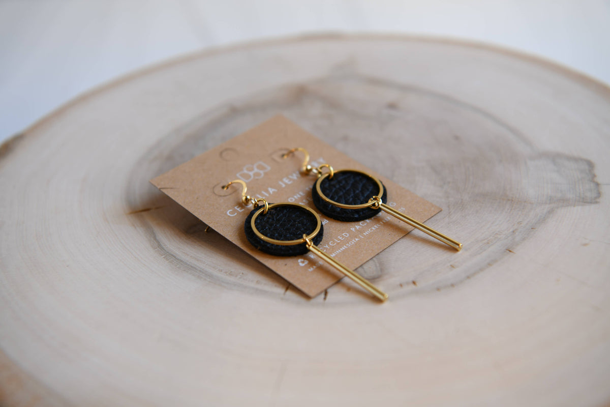 Round Bar Drop Leather Earrings