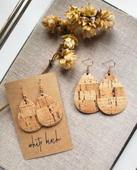 Rose Gold Metallic Cork and Leather Teardrop Earrings